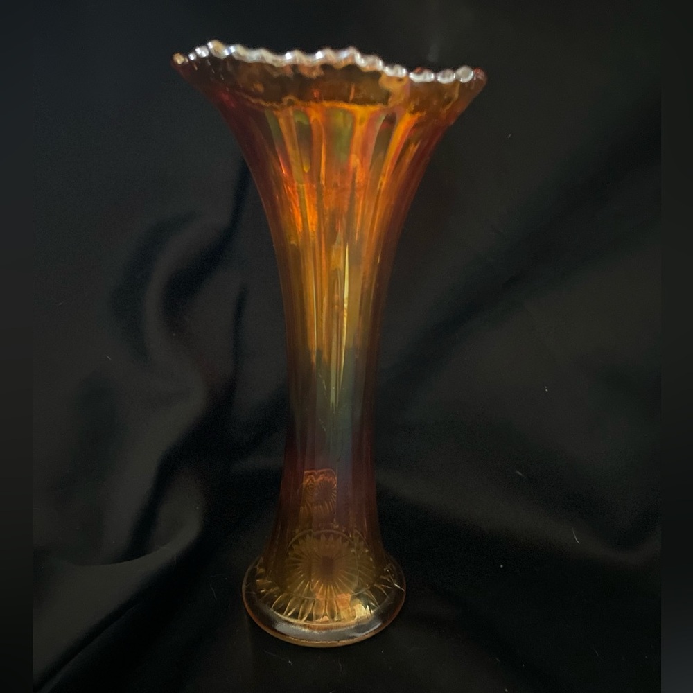 Vintage Jefferson Iridescent Orange Carnival Glass Ribbed Swung 8.25”Vase